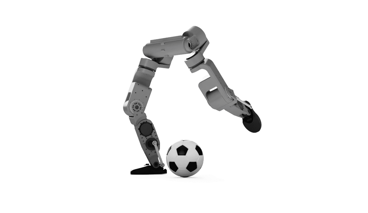 Render of Pioneer's leg lining up a kick on a soccer ball